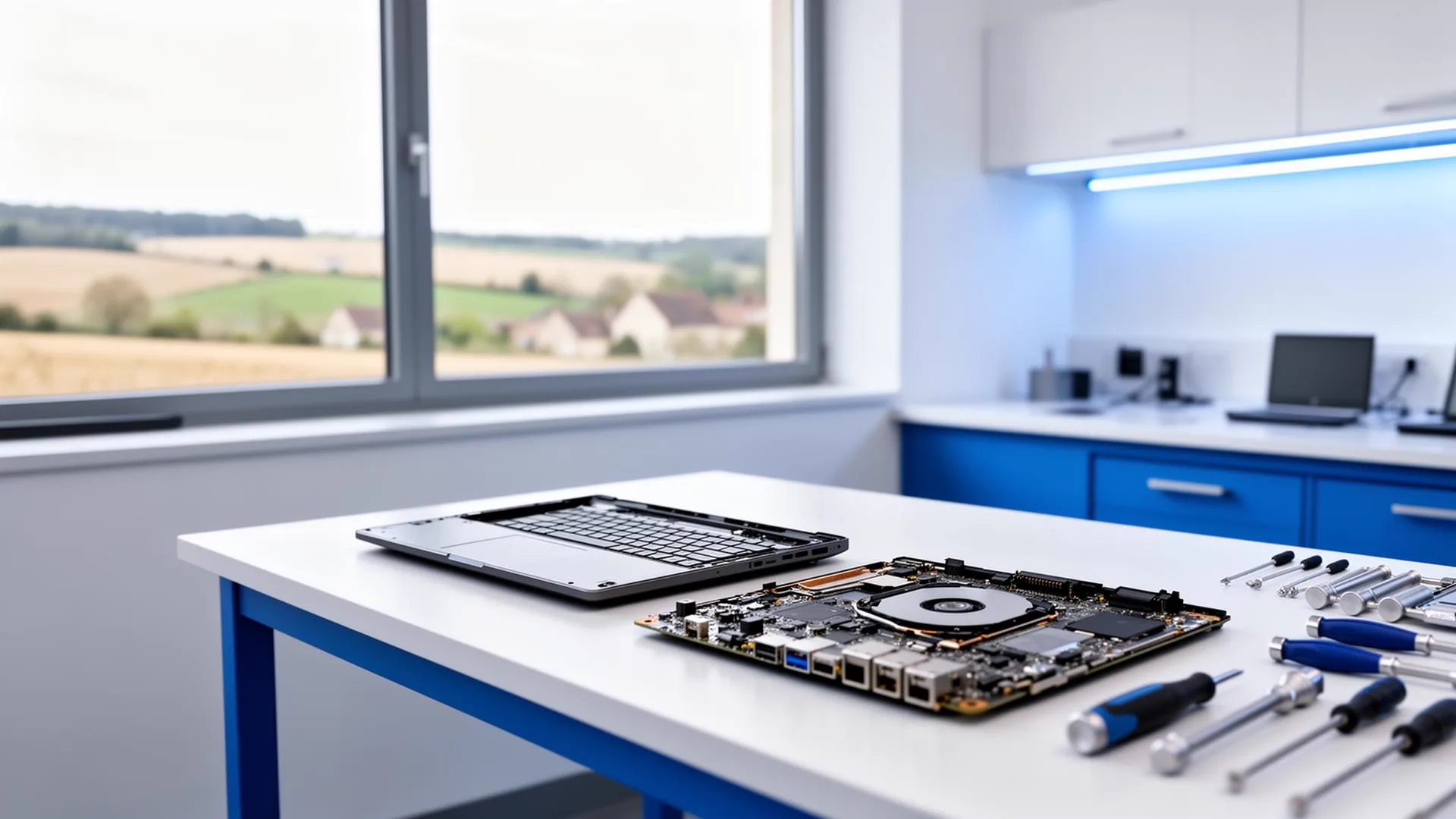 Atelier informatique IAD Micro Plus à Sadirac, plan de travail avec ordinateur portable et outils